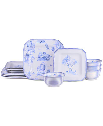 Scenic Toile Blue Porcelain 12 Pc. Dinnerware Set, Service for 4 222 Fifth