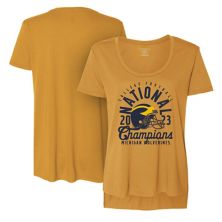 Women's  Maize Michigan Wolverines College Football Playoff 2023 National Champions Festival Mascot Overlay Scoop Neck T-Shirt Image One