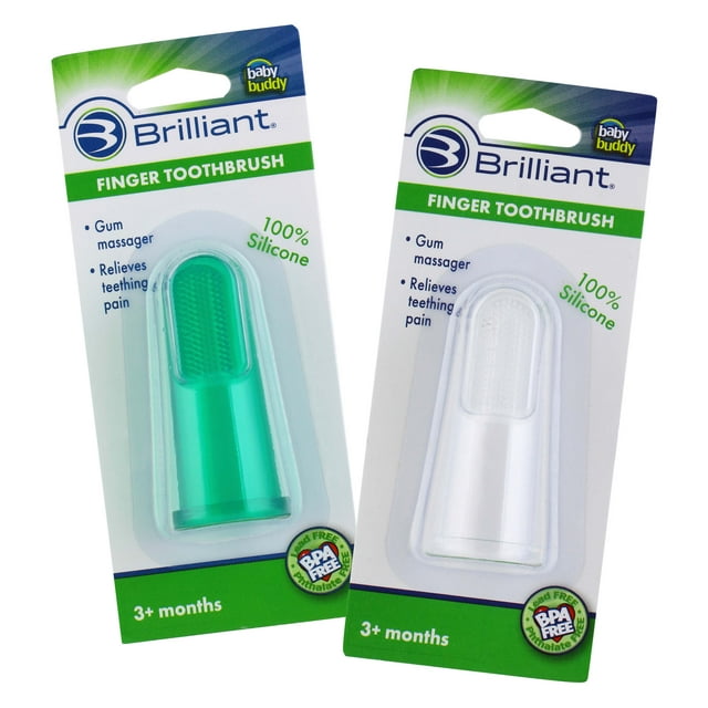 Brilliant Infant Baby Finger Toothbrush – Soft Silicone Gum Massager & Teether Brush, 2pk, Green Brilliant