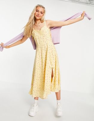 Желтое приталенное платье миди с завязками на плечах и цветочным принтом Bardot Bardot