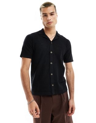 Only & Sons revere collar open knit shirt in black Only & Sons