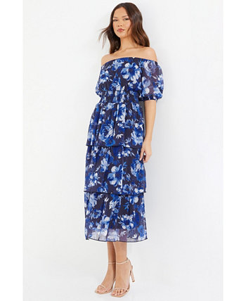 Women's Chiffon Floral Bardot Tiered Midi Dress Quiz