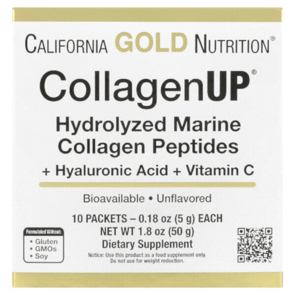 CollagenUP, Hydrolyzed Marine Collagen Peptides with Hyaluronic Acid and Vitamin C, Unflavored (Без вкуса), 10 Packets (Пакеты ), 0.18 oz (Унции) (5 g) Each California Gold Nutrition