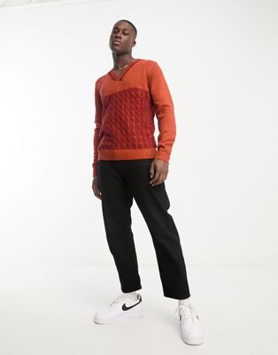 Оранжевый свитер косой вязки с v-образным вырезом Harry Brown Harry Brown