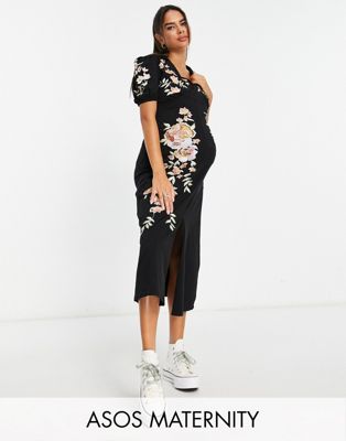 ASOS DESIGN Maternity ultimate midi tea dress with collar and floral embroidery in black ASOS Maternity