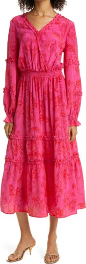 Шелковое платье макси с цветочным принтом и длинными рукавами с рюшами Haute Hippie