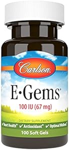 Carlson - E-Gems, 100 IU (67 mg), Natural-Source Vitamin E, Heart Health & Optimal Wellness, Antioxidant, 100 Soft Gels Carlson