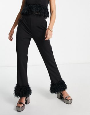 Twisted Wunder straight leg pants with faux feather hem in black - part of a set Twisted Wunder