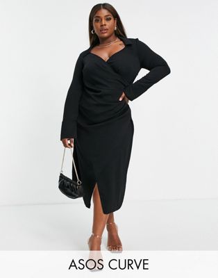 Черное платье миди с запахом и драпировкой в стиле 70-х ASOS DESIGN Curve ASOS Curve