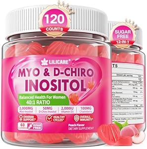 Myo-Inositol & D-Chiro Inositol Gummies 2000mg + 50mg Ideal 40:1 Ratio with Choline, Magnesium, and Vitamin D3 for Overall Health and Wellness, Vegan, GelatinFree, Sugar Free, 120 Counts Lilicare