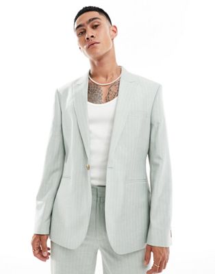 ASOS DESIGN slim linen mix suit jacket in sage green pinstripe ASOS DESIGN