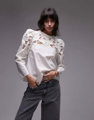 & Other Stories blouse with floral cut-out shoulder and neck detail in white & Other Stories