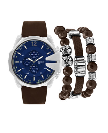 Men's Brown Leather Strap Analog Watch 52mm with Stackable Bracelets Gift Set American Exchange