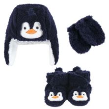 Hudson Baby Infant Boy Trapper Hat, Mitten and Bootie Set, Navy Penguin Hudson Baby
