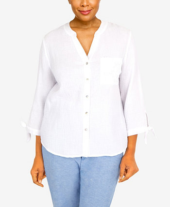 Petite Set Sail Gauze Tie Sleeve Button Down Top Alfred Dunner