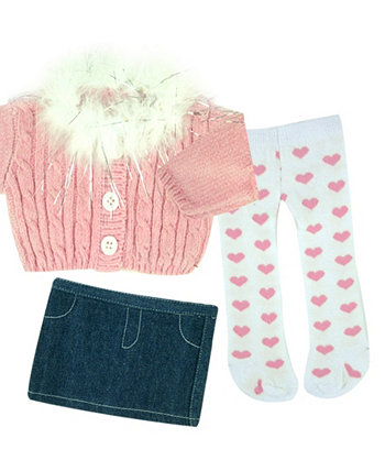 - 18" Doll - Trim Chenille Sweater, Denim Skirt, Heart Tights Set, 3 Piece Teamson Kids