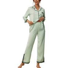 Womens Satin Pajamas Sets Two Piece Lace Long Sleeve Button Top With Pant Soft Sleepwear Cheibear