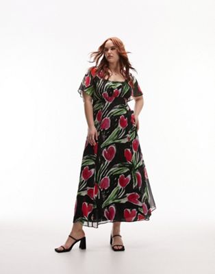 Topshop Curve printed floral midi tea dress in red and purple floral Topshop Curve