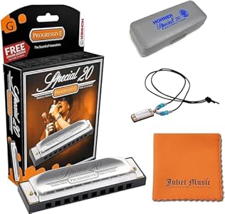 Hohner Harmonica Special 20 Key G Progressive Series 560PBXG 10 Holes, Bundle with Hard Case, Mini Harmonica Necklace Juliet Music Polishing Cloth Hohner