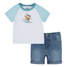 Комплект из футболки и джинсовых шорт с рисунком медведя для серфинга Levi's® для маленьких мальчиков Levi's®