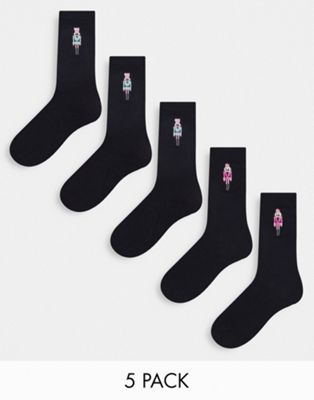 Набор из 5 черных рождественских носков с вышивкой в виде Щелкунчика Brave Soul Brave Soul
