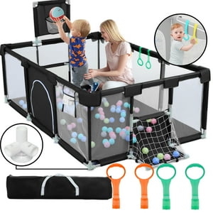 HioHa Large Baby Playpen, Big Playard with Basketball Hoop, Portable Play Yard Baby Fences with Storage Bag for Infant Toddler HioHa