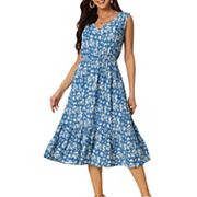 Women's Summer Boho Beach Dresses V Neck Sleeveless Floral Flowy Tiered Midi Sundress With Pockets Seta T