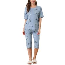 Womens Floral Lounge Set Short Sleeve Nightwear Round Neck Sleepwear Pajama Sets Cheibear
