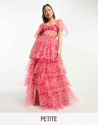 Корсетное платье макси из тюля с открытыми плечами Lace & Beads Petite с розовым и красным цветочным принтом LACE & BEADS