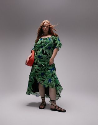Платье миди с необработанными швами и шнуровкой сзади Topshop Curve зеленого цветочного принта Topshop Curve