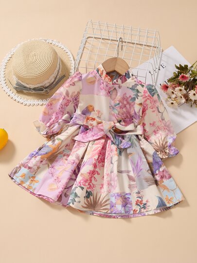 для девочек Платье с поясом с рукавами-воланами с цветочным принтом с молнией SHEIN