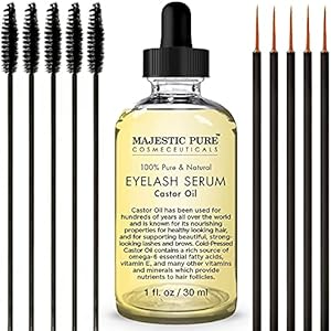 Majestic Pure Castor Oil Eyelash Serum - with Apple & Argan Stem Cells - Eyelash Growth Serum for longer thicker Eyelashes, Eyebrows & Hair - Free Set of Mascara Brush & Eyeliner Applicator - 1 fl oz Majestic Pure