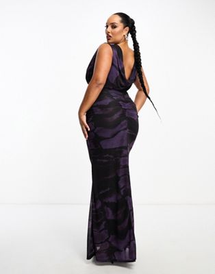 Пурпурное прозрачное платье макси с глубоким вырезом и воротником на спине ASOS DESIGN Curve ASOS Curve