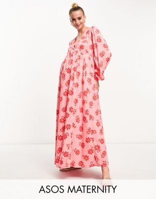 Красно-розовое платье миди из вискозы с v-образным вырезом, длинными рукавами и завязками спереди ASOS DESIGN Maternity ASOS Maternity