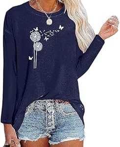 Womens T Shirt Flower Graphic Tee Tops Autumn Long Sleeve Cotton Tunic Tops BAOKUAN