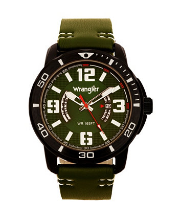Мужские часы, черный IP-корпус 48 мм с белыми арабскими цифрами на внешней черной рамке, черный циферблат с двумя окошками в виде полумесяца, функция даты, зеленый ремешок с белой декоративной строчкой аналог Wrangler