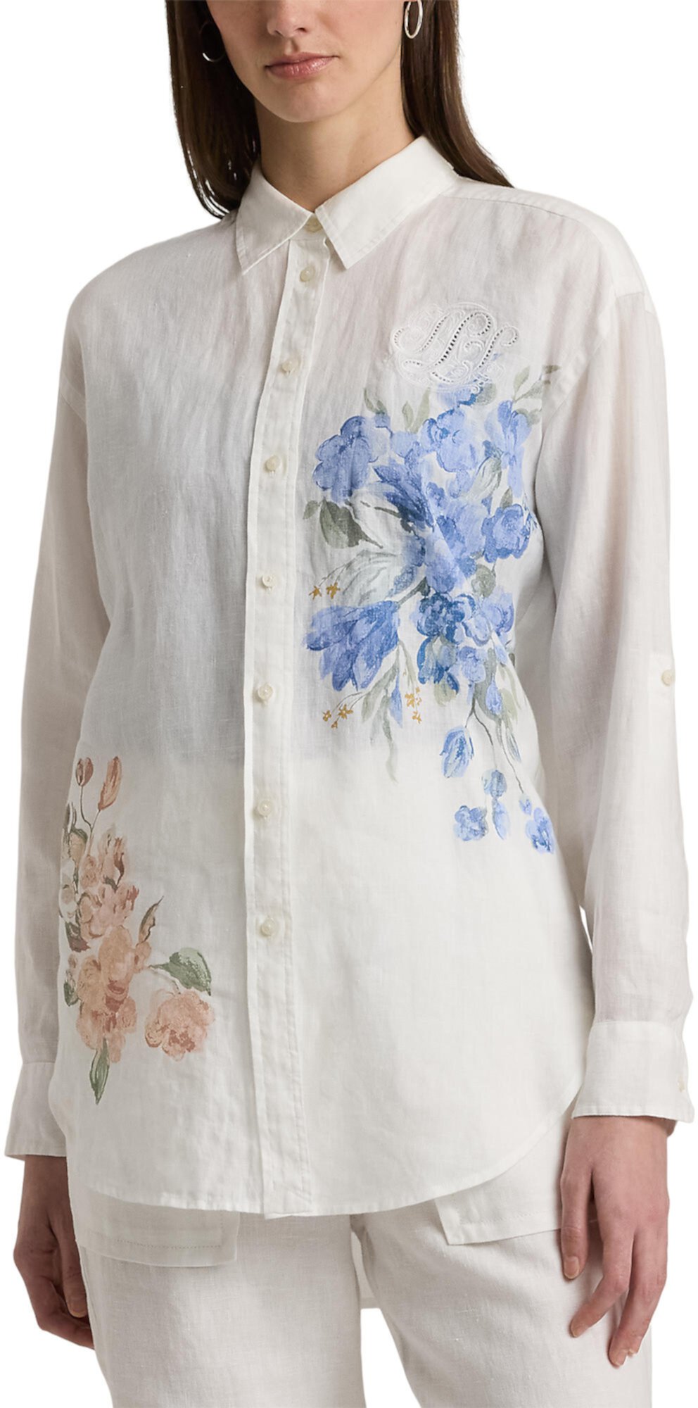 Oversize Floral Eyelet-Logo Linen Shirt LAUREN Ralph Lauren