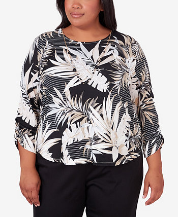 Plus Size Opposites Attract Printed Leaves Top with Necklace Alfred Dunner