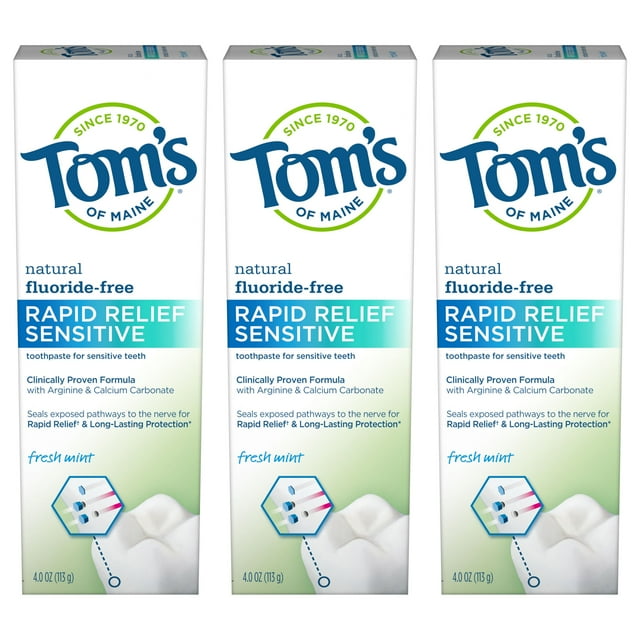 Tom's of Maine Fluoride-Free Rapid Relief Sensitive Natural Toothpaste, Fresh Mint, 4 Ounce, 3-Pack Tom's of Maine