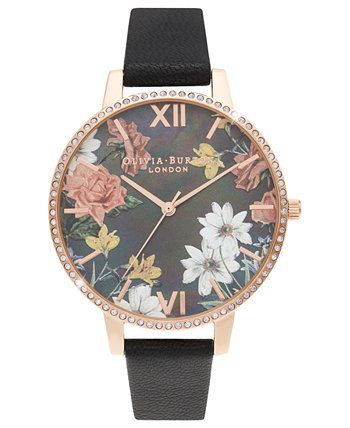 Женские блестящие цветочные часы с черным кожаным ремешком 38 мм OLIVIA BURTON