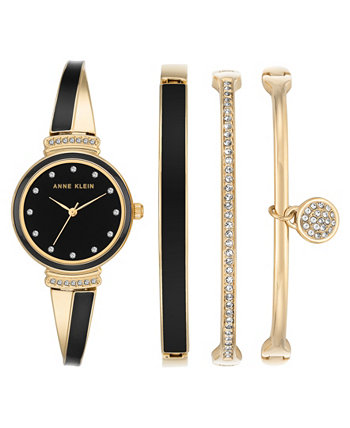 Женский золотой браслет из сплава с черными эмалированными модными часами 33,5 мм и набором браслетов Anne Klein