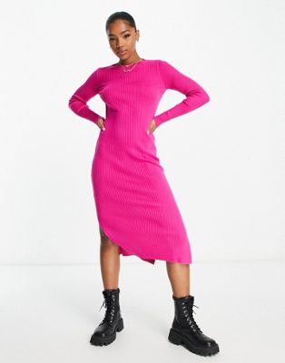 Ярко-розовое трикотажное платье миди в рубчик с круглым вырезом New Look New Look