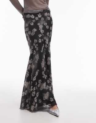 Topshop V godet maxi skirt in mono floral TOPSHOP