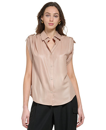 Женская рубашка из искусственной кожи на пуговицах с коротким рукавом DKNY