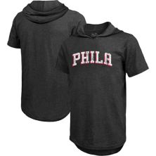 Men's Majestic Threads Heathered Black Philadelphia 76ers Wordmark Tri-Blend Hoodie T-Shirt Majestic