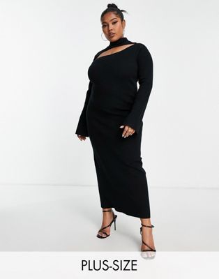 Pretty Lavish Curve high neck split knitted midaxi dress in black Pretty Lavish Curve