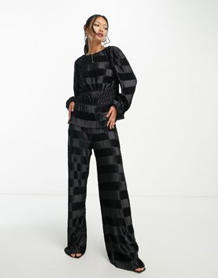 Y.A.S checkerboard plisse wide leg pants in black - part of a set Y.A.S