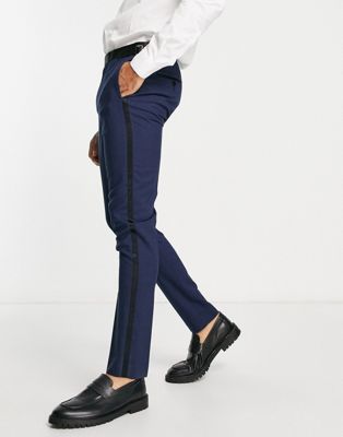 Темно-синие узкие брюки-смокинг с атласными полосками по бокам Noak 'Verona' Noak