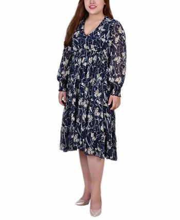 Плюс размер Шифоновое платье в горошек с длинными рукавами и присборенной талией и манжетами NY Collection