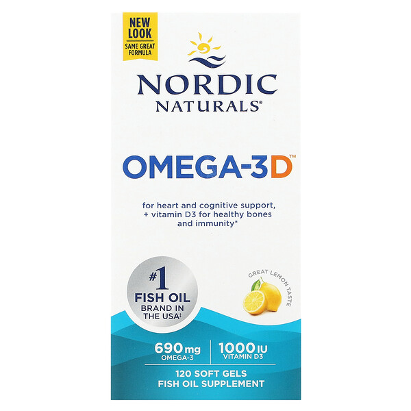 Omega-3D, Лимон, 120 мягких желатиновых капсул - Nordic Naturals Nordic Naturals